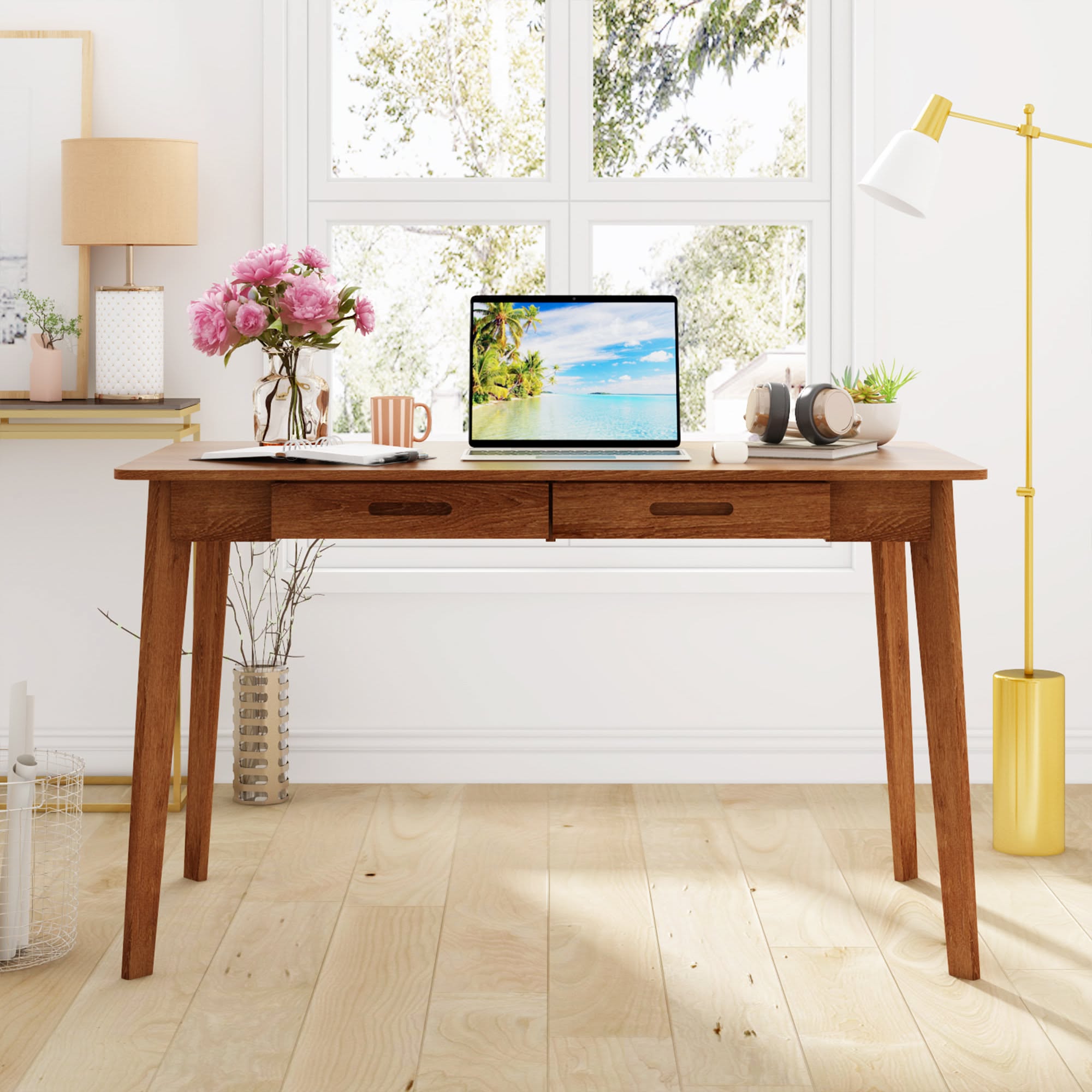 Modern Solid Wood Double Drawer Computer Desk