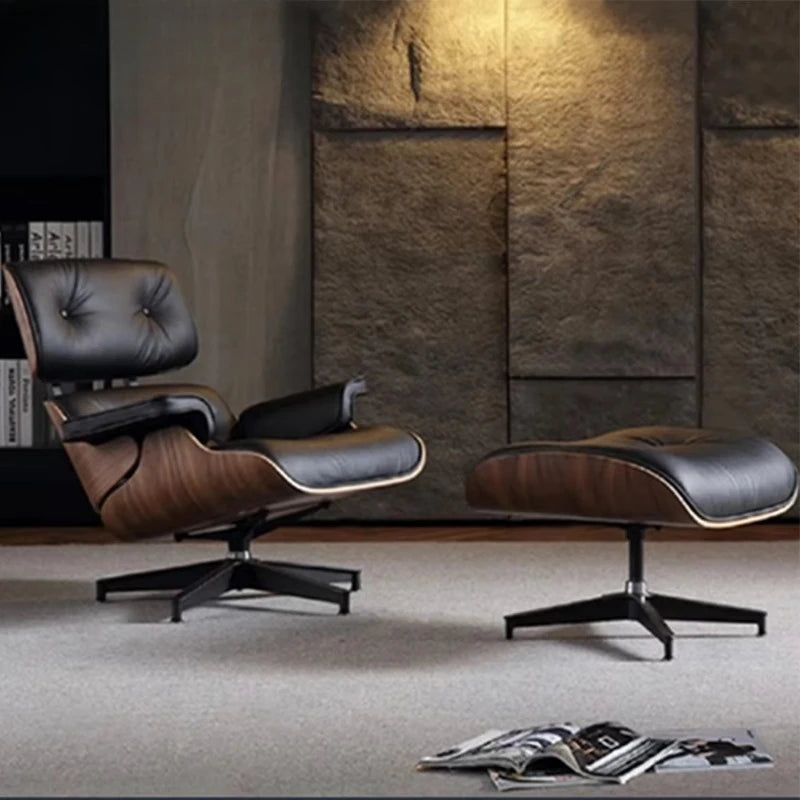 Large Leather Swivel Armchair with Ottoman Set