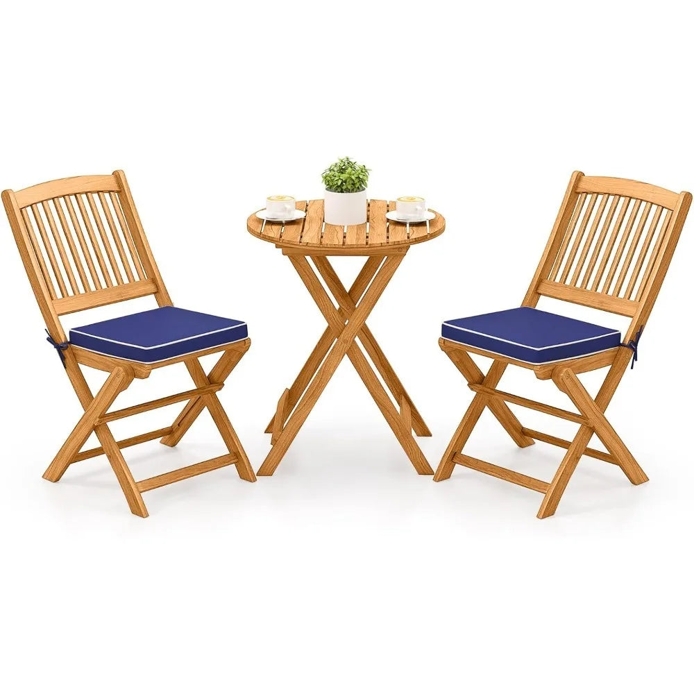 Folding Acacia Wood Bistro Set with Cushions