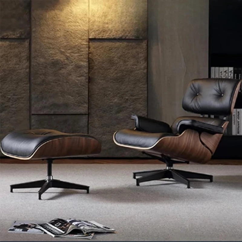 Large Leather Swivel Armchair with Ottoman Set