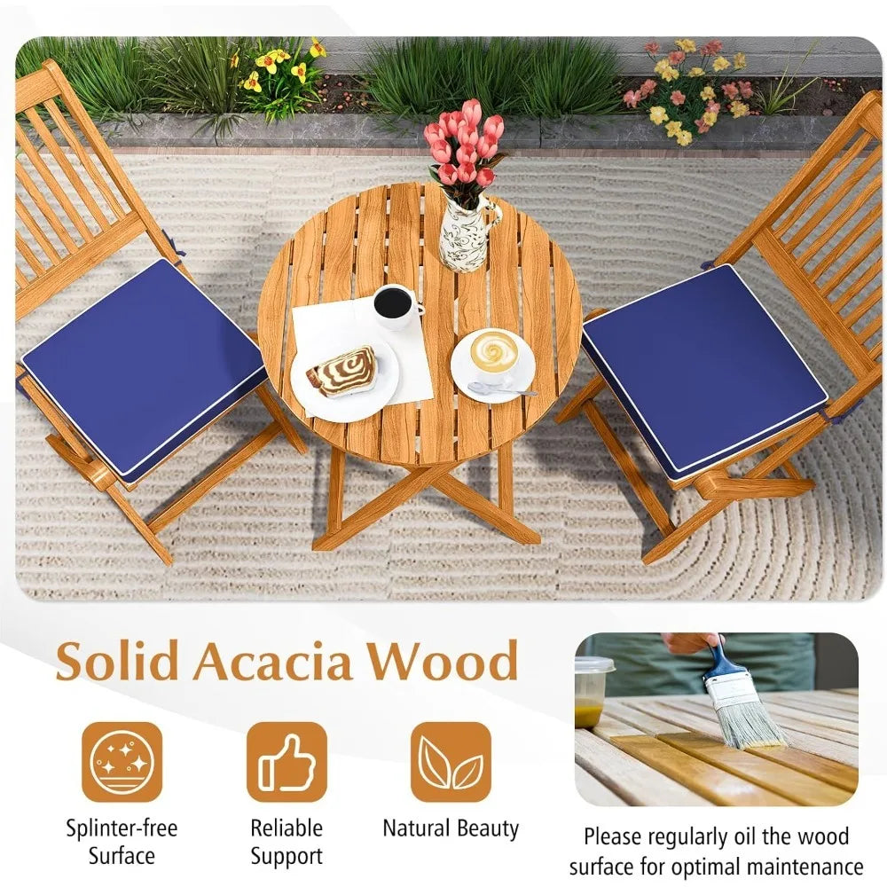 Folding Acacia Wood Bistro Set with Cushions