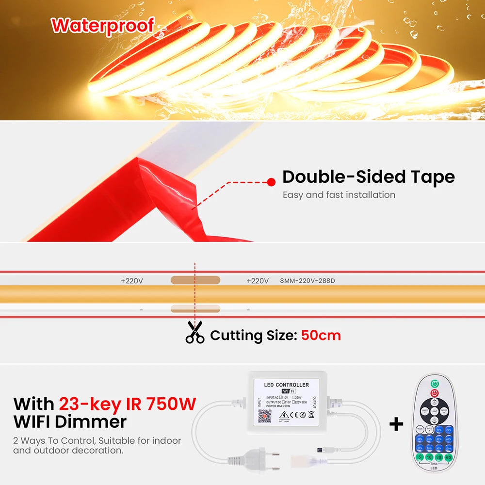 220V Dimmable COB LED Strip Light WIFI